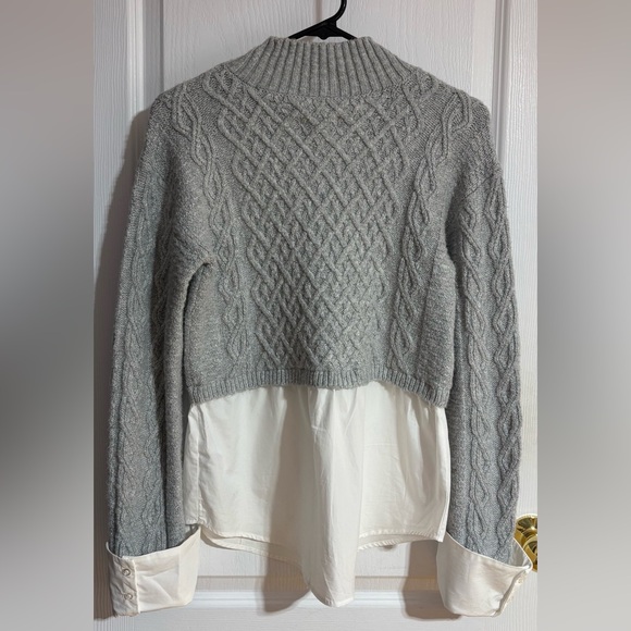 Anthropologie Maeve Cable Knit Layered Buttoned Soft Grey Sweater Size Medium - Picture 9 of 14